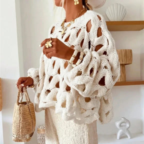 2025 Women Casual Long Sleeve Pullover Winter Fashion Hollow Out Resort Blouses Autumn Elegant Crochet Solid Color Sweater Tops