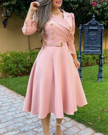 Women's temperament British style long sleeved dress 2025 autumn new item slit collar button pocket puff sleeve dress