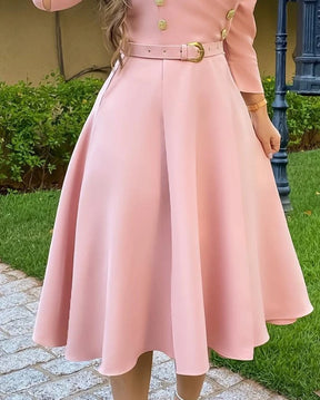 Women's temperament British style long sleeved dress 2025 autumn new item slit collar button pocket puff sleeve dress