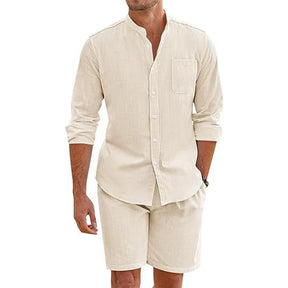 Summer Men's Casual Sets Breathable Cotton Linen Vintage Stand Collar Shirts+Shorts Sets Men Comfortable Breathable Beach Suits
