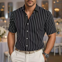 Men's Fashion Striped Loose Short Sleeve Shirt Casual Breathable Lapel Button Shirt Soft and Comfortable Festival Top