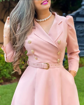 Women's temperament British style long sleeved dress 2025 autumn new item slit collar button pocket puff sleeve dress