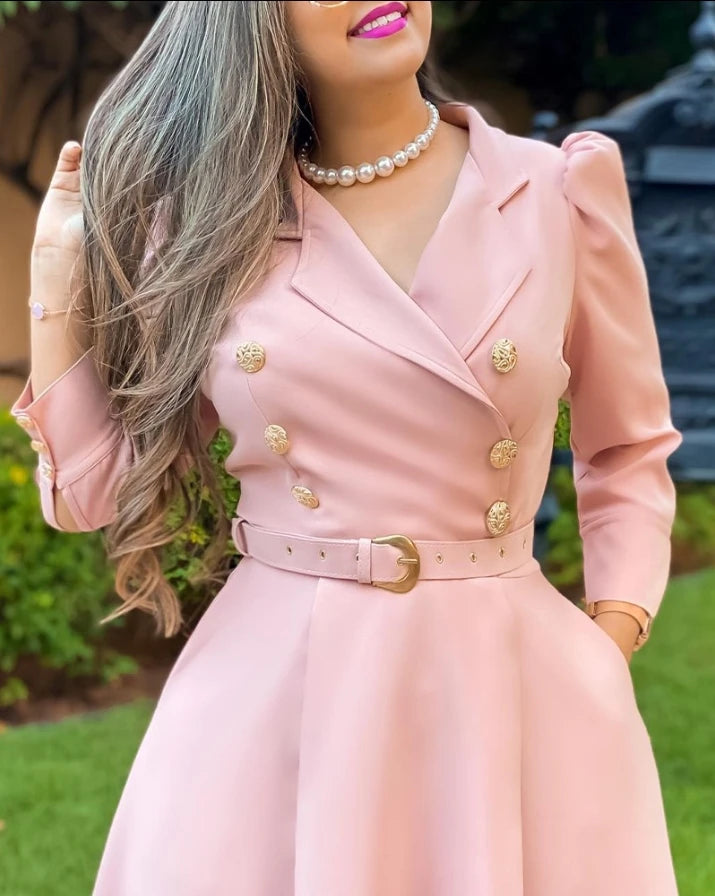 Women's temperament British style long sleeved dress 2025 autumn new item slit collar button pocket puff sleeve dress