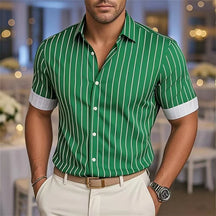 Men's Fashion Striped Loose Short Sleeve Shirt Casual Breathable Lapel Button Shirt Soft and Comfortable Festival Top