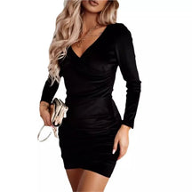 Sexy Velvet  V-neck pleat slim fit long sleeved solid color dress autumn and winter women's fashionable and elegant short skirt