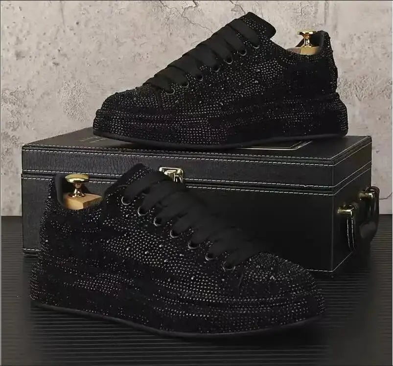 New Rhinestone Flat Leather Shoes Fashion Men Embroidery Loafer Dress ventilate Slipper Casual Diamond Shoe 38-43