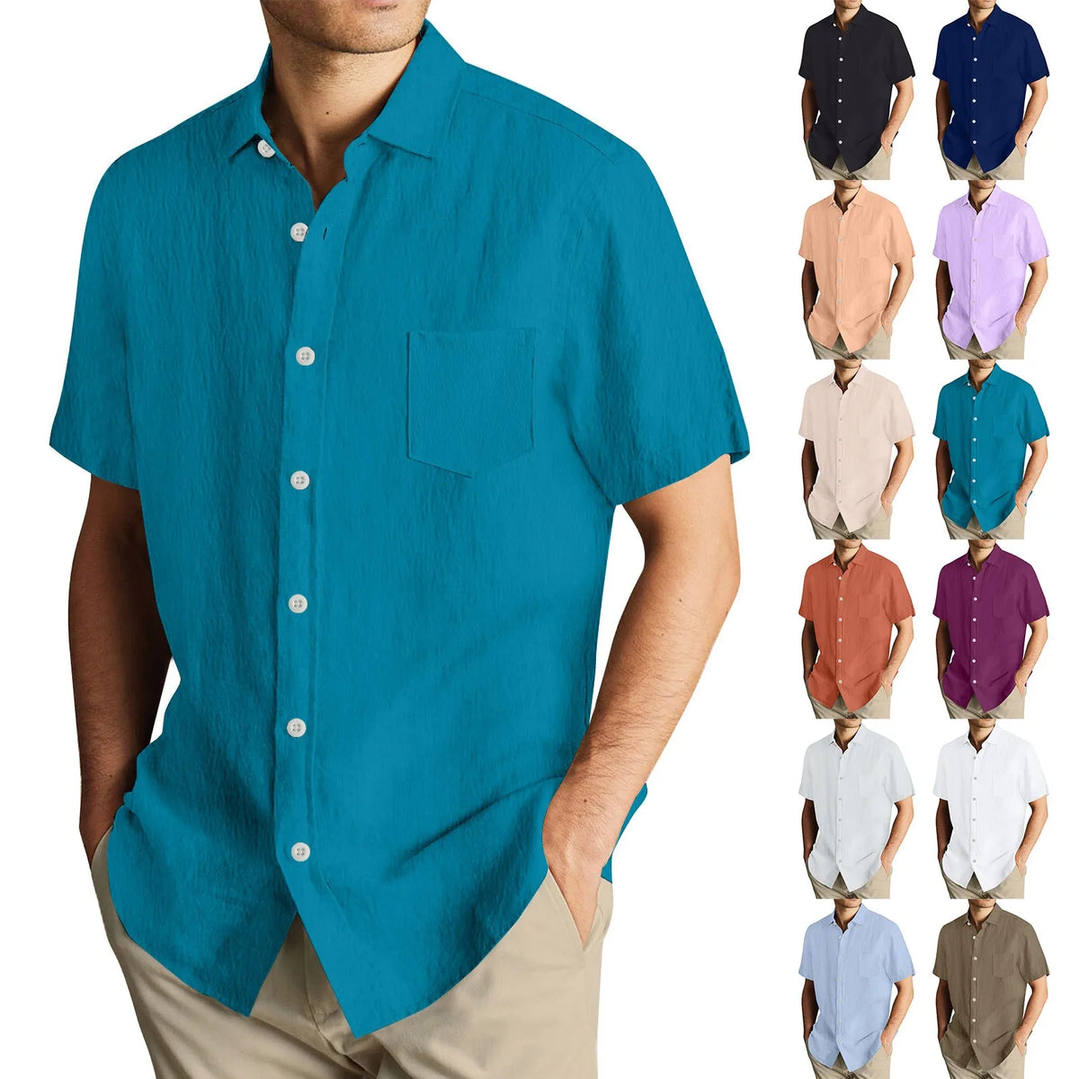 Men'S Short Sleeve Shirt Summer Button Cardigan Solid Color European And American Comfortable Breathable Beach Button Shirt