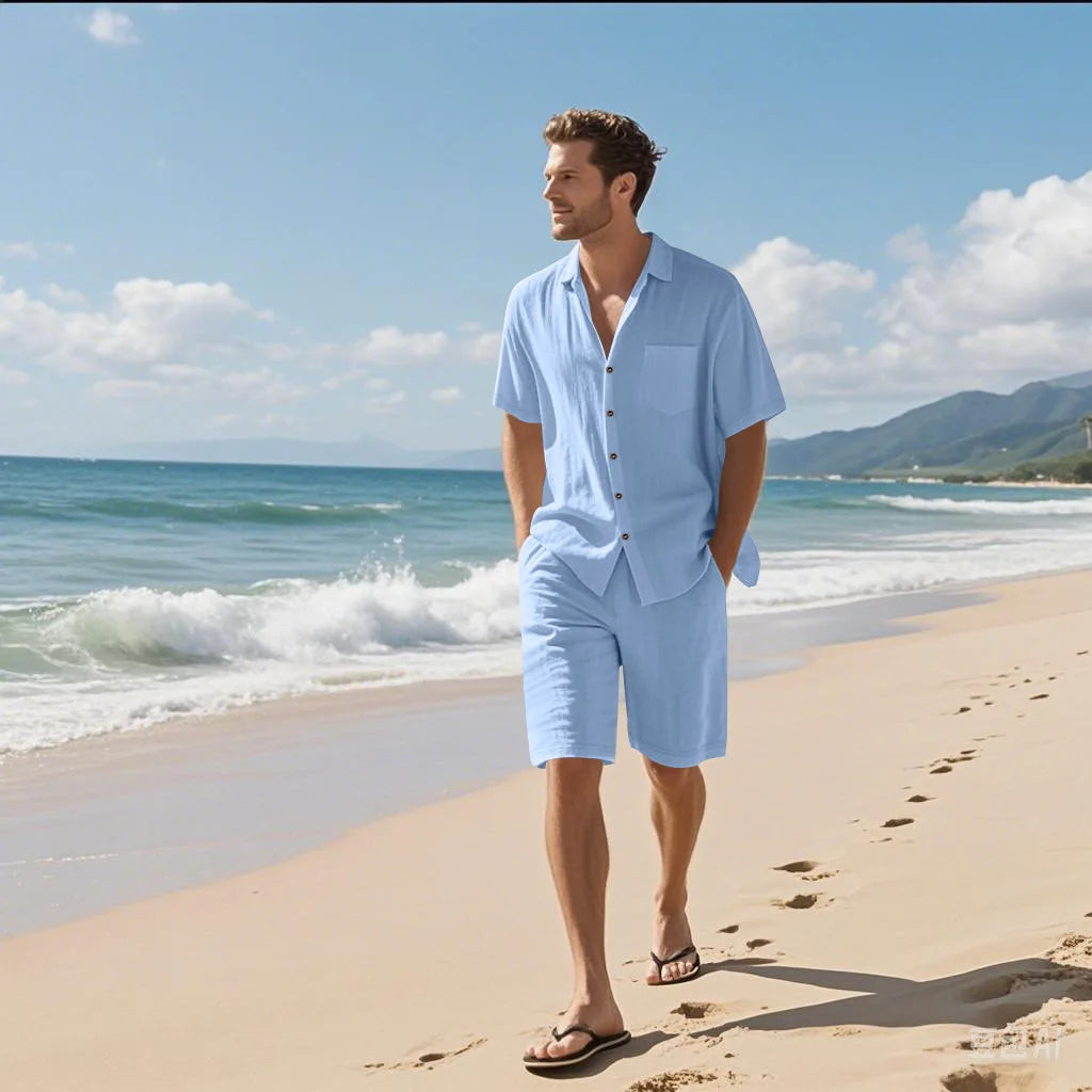 Summer men's solid-color linen beach suit, lapel button short-sleeved shirt paired with drawstring shorts, casual 2-piece set