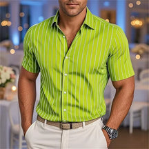 Men's Fashion Striped Loose Short Sleeve Shirt Casual Breathable Lapel Button Shirt Soft and Comfortable Festival Top