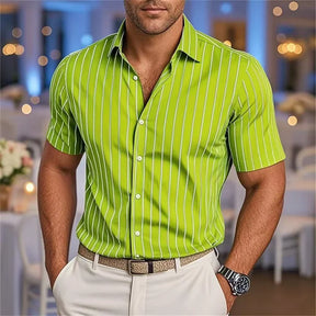 Men's Fashion Striped Loose Short Sleeve Shirt Casual Breathable Lapel Button Shirt Soft and Comfortable Festival Top
