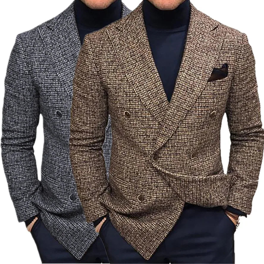New Autumn Men's Gray Long-sleeved Suit Jacket, Dark Brown Double-breasted V-neck Blazers, Gentleman's Casual Coat.