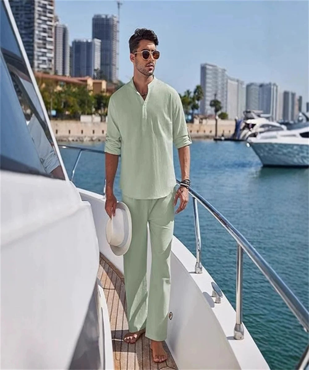 New fashionable and trendy men's solid-color casual set, high-quality cotton and linen long-sleeved Henry shirt + long pants set