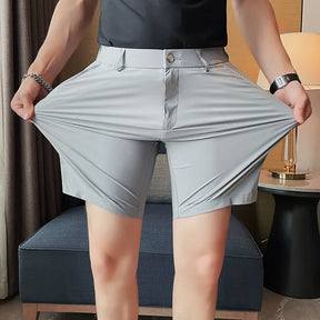 2023 Summer High Elastic Ice Silk Shorts Men Simple Casual Breathable Short Pants Formal Business Slim Knee Length Short Pants