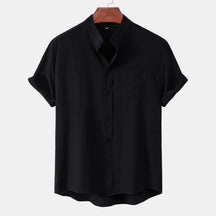 2024 New men's short sleeved solid color standing collar cardigan casual shirt for foreign trade