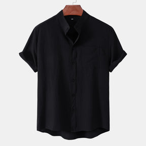 2024 New men's short sleeved solid color standing collar cardigan casual shirt for foreign trade