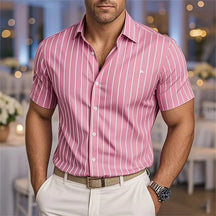 Men's Fashion Striped Loose Short Sleeve Shirt Casual Breathable Lapel Button Shirt Soft and Comfortable Festival Top