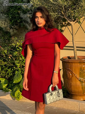 Red Shawl Collar A-line Mini Dress Women Elegant Short Sleeve High Waist Pleated Fashion Vestidos Lady Party Evening Gown 2025