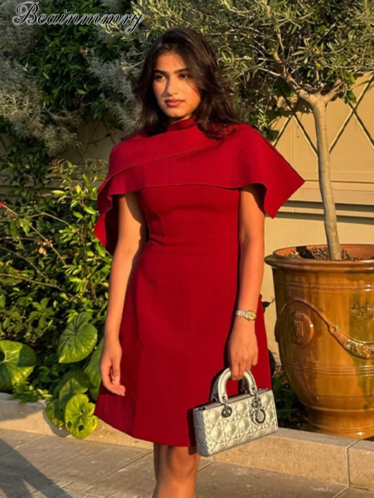 Red Shawl Collar A-line Mini Dress Women Elegant Short Sleeve High Waist Pleated Fashion Vestidos Lady Party Evening Gown 2025