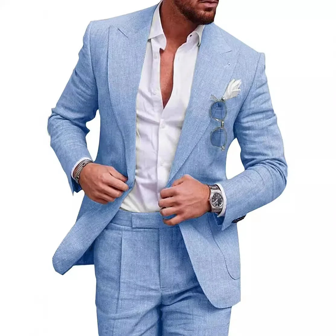Korean Version Linen Solid Color Business Two-piece Set, Men's Spring New Casual Back Slit Single Button Lapel Suit + Trousers