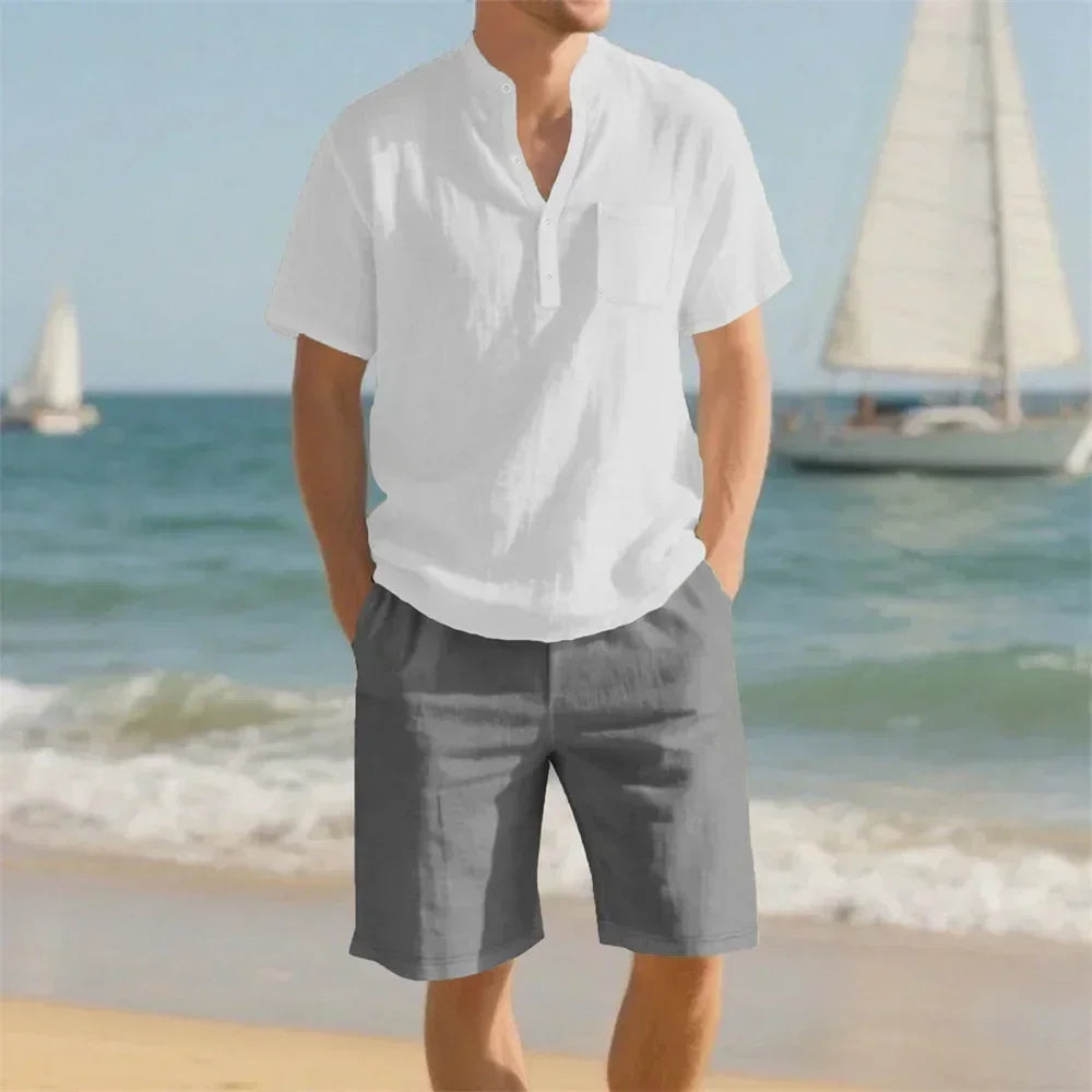 Men's Summer Sets Vacation Beach T-shirt Shorts Suit Cotton Linen Breathable Casual Basic Style Outfit Cozy Clothing