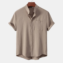 2024 New men's short sleeved solid color standing collar cardigan casual shirt for foreign trade
