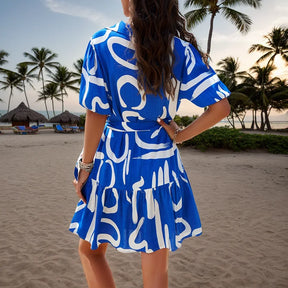 Summer Casual Dress Floral Lace-up Turn Down Collar Holiday Beach Vestido Elegant Short Sleeve Collared Button Shirt Dresses