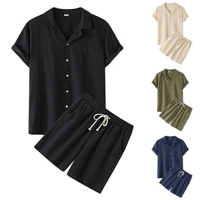 Cool Summer Comfortable Short-Sleeved Button Shirt Sets Men's Solid Color Shirt Shorts Suit Men's Cotton and Linen Casual Suit