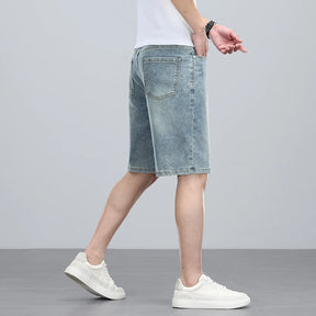 Summer denim mid knee walking shorts  men retro man jeans washed water Lyocell breathable lightweight and elastic bermuda shorts