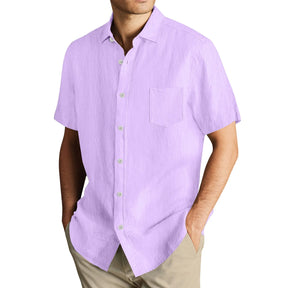 Men'S Short Sleeve Shirt Summer Button Cardigan Solid Color European And American Comfortable Breathable Beach Button Shirt
