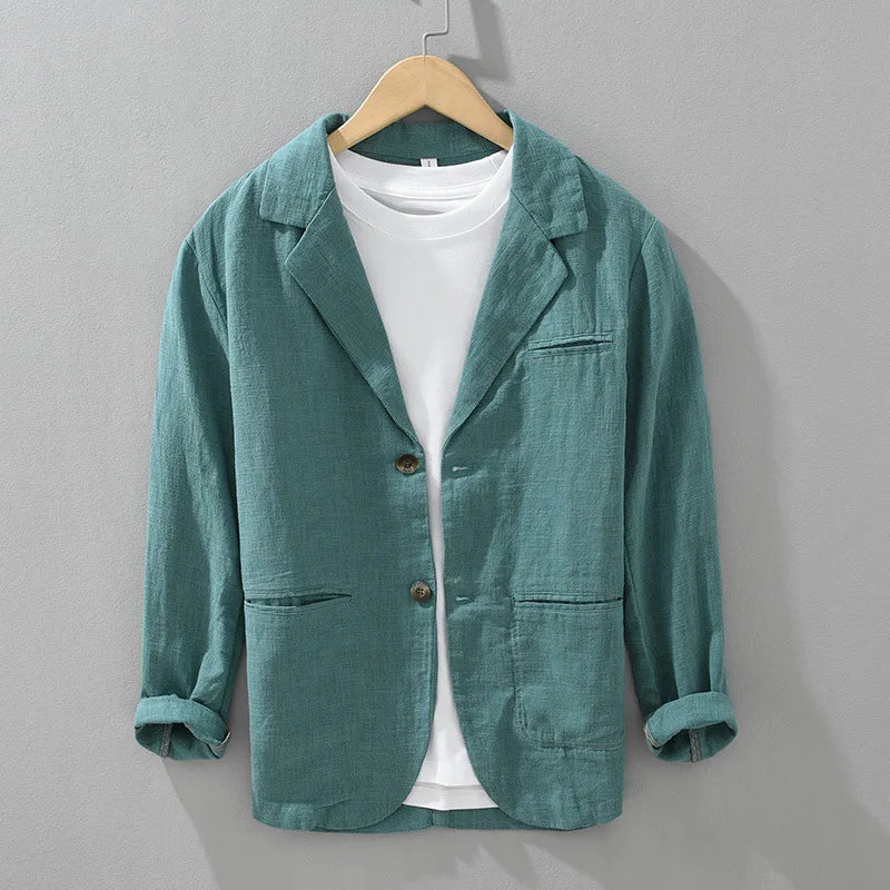 2025 New Cotton Linen Men's Blazer Spring Summer Daily Casual Blazers Loose Green Suit Jackets Japanese Retro Youth Male Suit