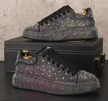 New Rhinestone Flat Leather Shoes Fashion Men Embroidery Loafer Dress ventilate Slipper Casual Diamond Shoe 38-43