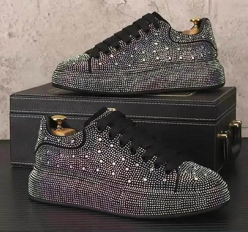 New Rhinestone Flat Leather Shoes Fashion Men Embroidery Loafer Dress ventilate Slipper Casual Diamond Shoe 38-43