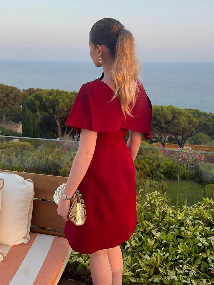 Red Shawl Collar A-line Mini Dress Women Elegant Short Sleeve High Waist Pleated Fashion Vestidos Lady Party Evening Gown 2025