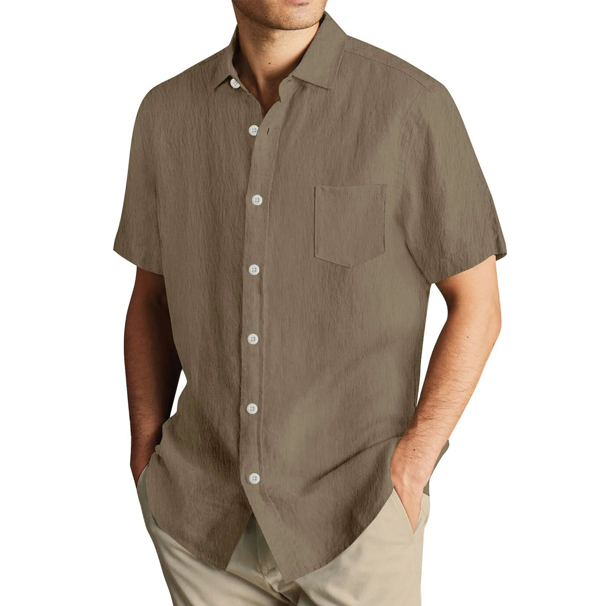 Men'S Short Sleeve Shirt Summer Button Cardigan Solid Color European And American Comfortable Breathable Beach Button Shirt
