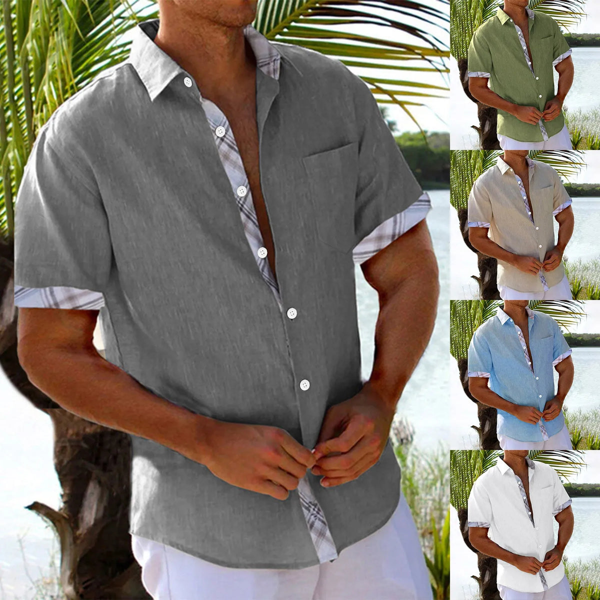 Men'S Casual Short Sleeve Shirt Solid Color Tops Open Cardigan Street Wear Lapel Button Shirt Men'S Vintage Vacation Shirt