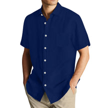 Men'S Short Sleeve Shirt Summer Button Cardigan Solid Color European And American Comfortable Breathable Beach Button Shirt
