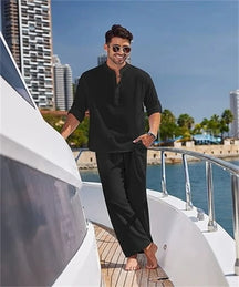 New fashionable and trendy men's solid-color casual set, high-quality cotton and linen long-sleeved Henry shirt + long pants set