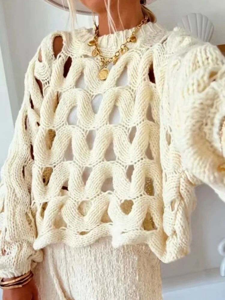 2025 Women Casual Long Sleeve Pullover Winter Fashion Hollow Out Resort Blouses Autumn Elegant Crochet Solid Color Sweater Tops
