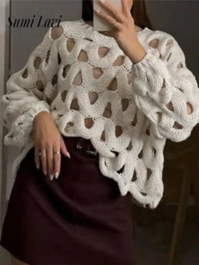 2025 Women Casual Long Sleeve Pullover Winter Fashion Hollow Out Resort Blouses Autumn Elegant Crochet Solid Color Sweater Tops