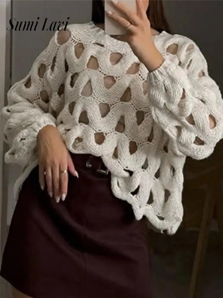 2025 Women Casual Long Sleeve Pullover Winter Fashion Hollow Out Resort Blouses Autumn Elegant Crochet Solid Color Sweater Tops