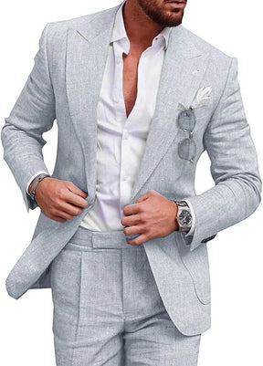 Korean Version Linen Solid Color Business Two-piece Set, Men's Spring New Casual Back Slit Single Button Lapel Suit + Trousers