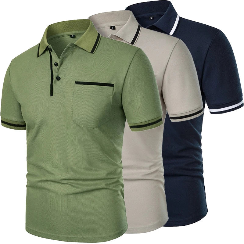 New Men's Short Sleeve Polo Shirts Solid Color Casual T-shirt Summer Trendy Breathable Loose Basic Splice Top Pockets Men Shirts