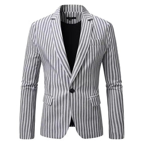 Classic Black Striped Suit Coat with V-Neckline Single-Button Casual Jacket for Men's Leisure Blazers, Size M-XXL