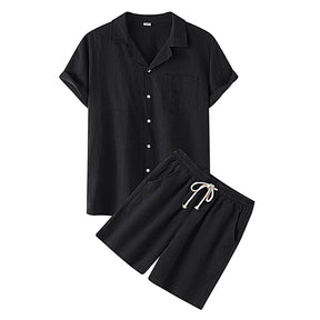 Cool Summer Comfortable Short-Sleeved Button Shirt Sets Men's Solid Color Shirt Shorts Suit Men's Cotton and Linen Casual Suit