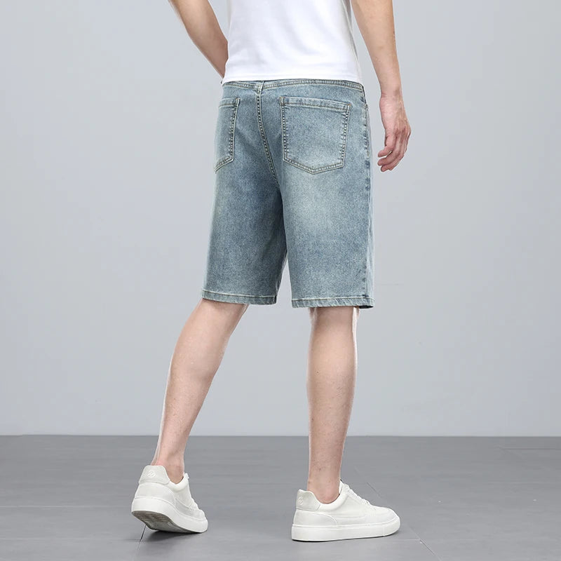 Summer denim mid knee walking shorts  men retro man jeans washed water Lyocell breathable lightweight and elastic bermuda shorts