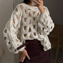 2025 Women Casual Long Sleeve Pullover Winter Fashion Hollow Out Resort Blouses Autumn Elegant Crochet Solid Color Sweater Tops