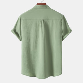 2024 New men's short sleeved solid color standing collar cardigan casual shirt for foreign trade