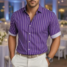 Men's Fashion Striped Loose Short Sleeve Shirt Casual Breathable Lapel Button Shirt Soft and Comfortable Festival Top