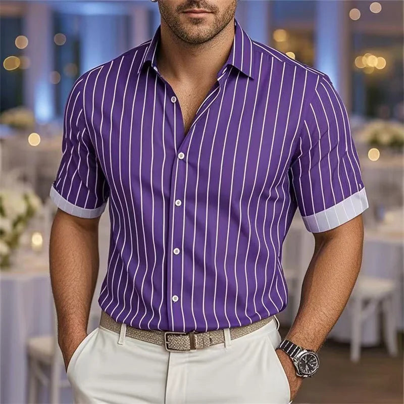 Men's Fashion Striped Loose Short Sleeve Shirt Casual Breathable Lapel Button Shirt Soft and Comfortable Festival Top